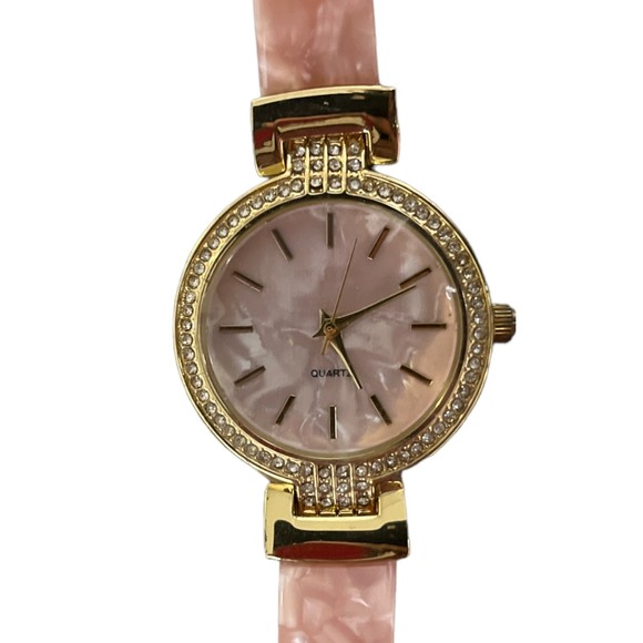 Pink Watch Accutime Marbleized Resin Gold Stainless Steel Diamonds - Picture 1 of 8